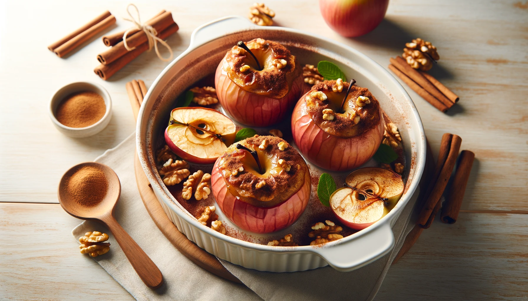 Manzanas al horno rellenas con nueces picadas y espolvoreadas con canela, servidas en un plato blanco sobre una mesa de madera clara.