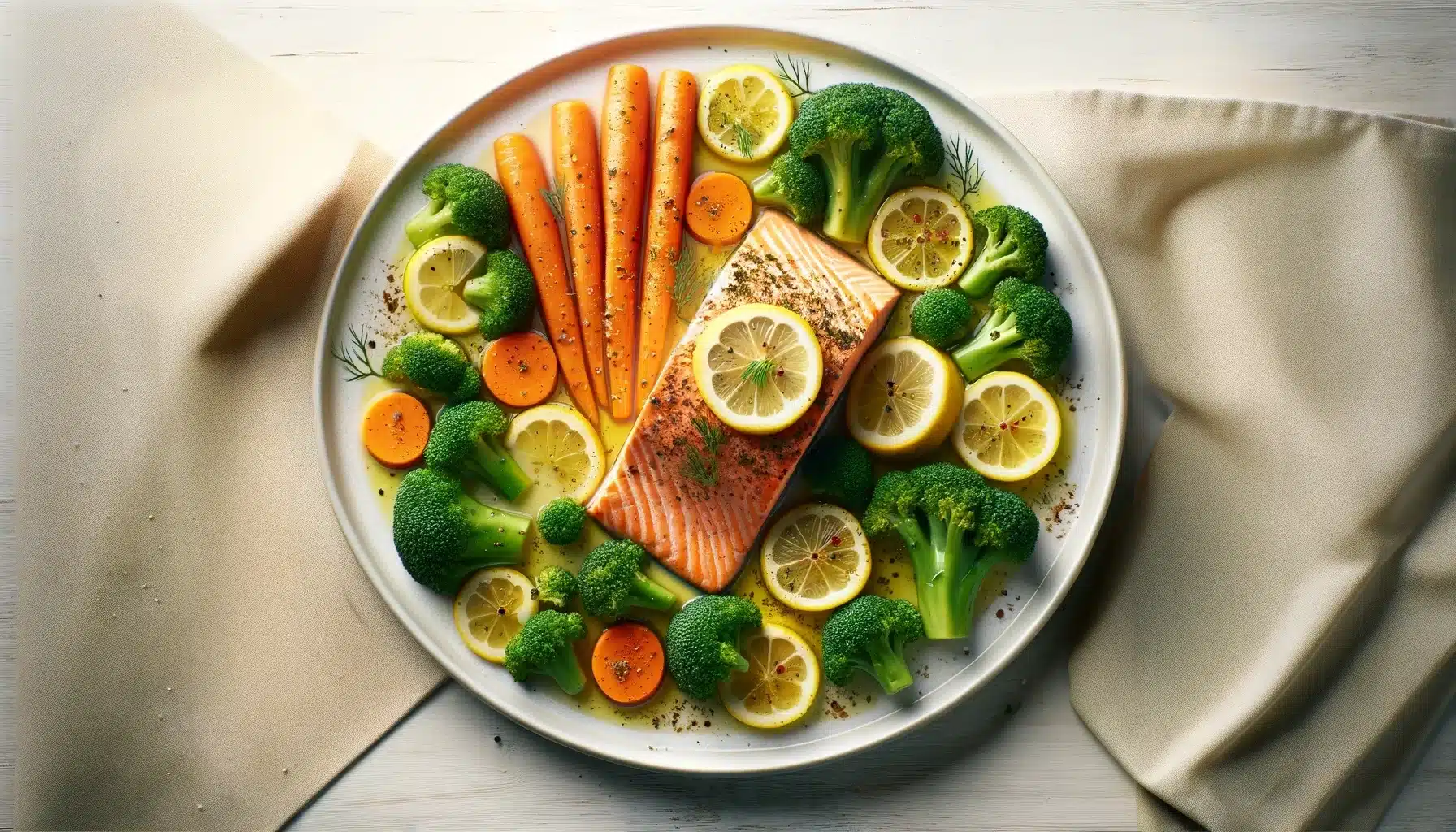 Un plato de salmón al horno con rodajas de limón, acompañado de zanahorias y brócoli al vapor, servido en un plato blanco y centrado sobre una mesa de madera clara.