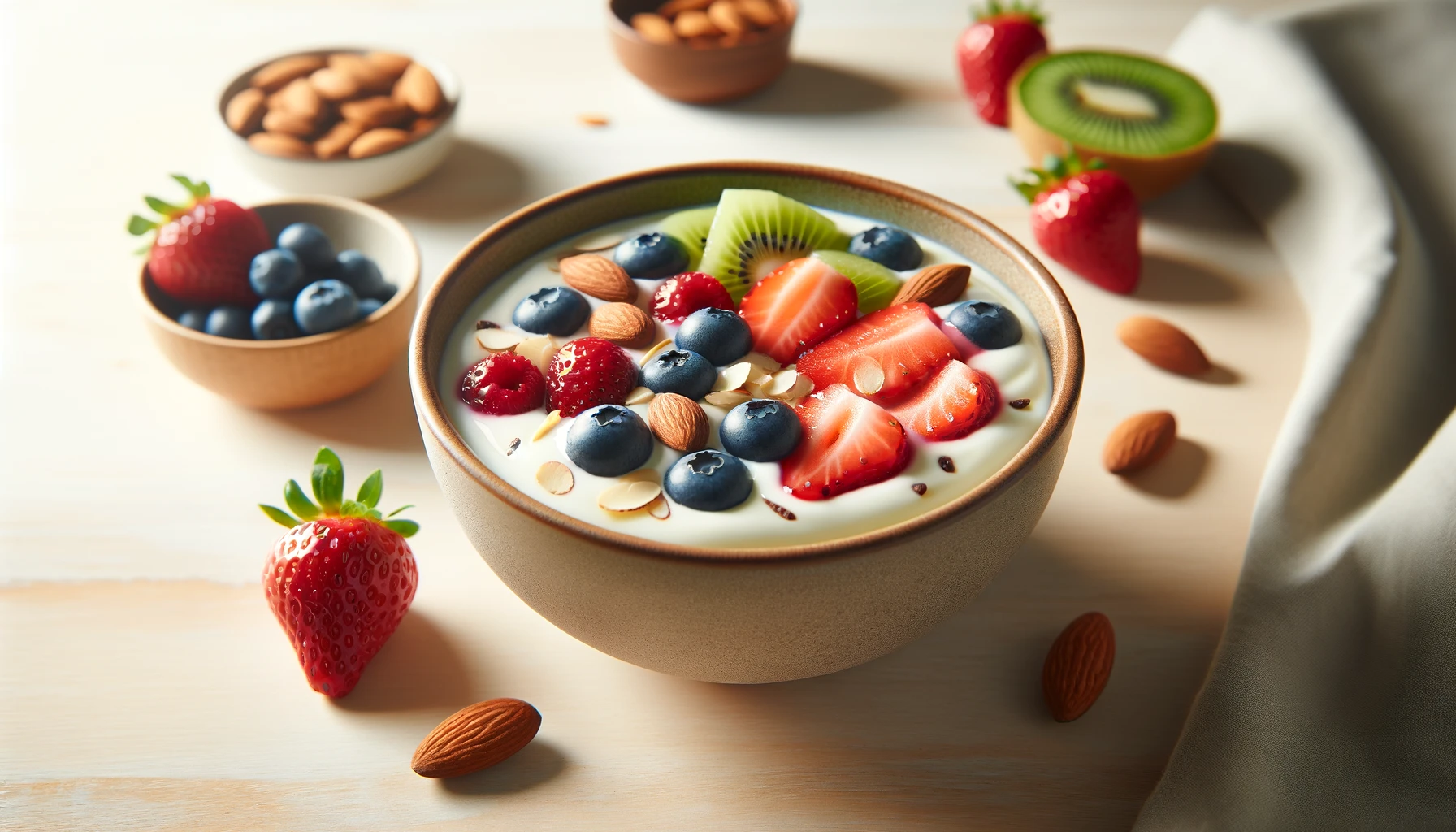 Yogur natural con frutas frescas servido en un bowl sobre una mesa de madera clara, con fresas, arándanos, kiwi y almendras laminadas.