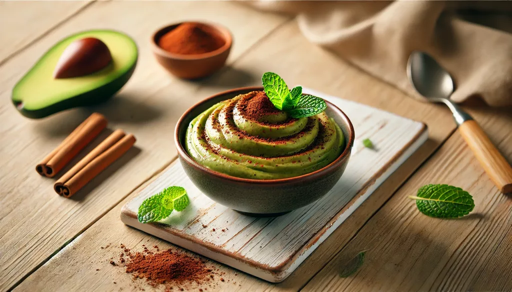 Deliciosa mousse de aguacate y cacao servida en un bowl sobre una mesa de madera clara, perfecta para quienes buscan un postre saludable y apto para hipertensos.